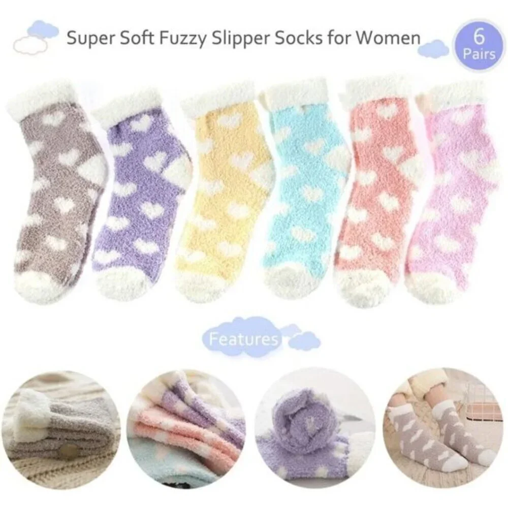 Women’s Plush Slipper Socks 6-Pair Warm Fuzzy Cozy Heart Design Size 6-10